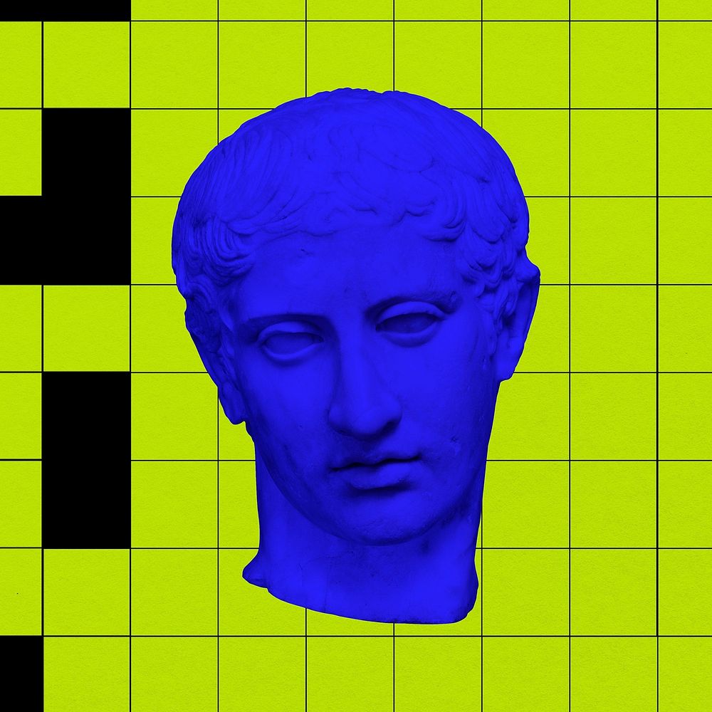 Greek God sculpture, blue abstract graphic