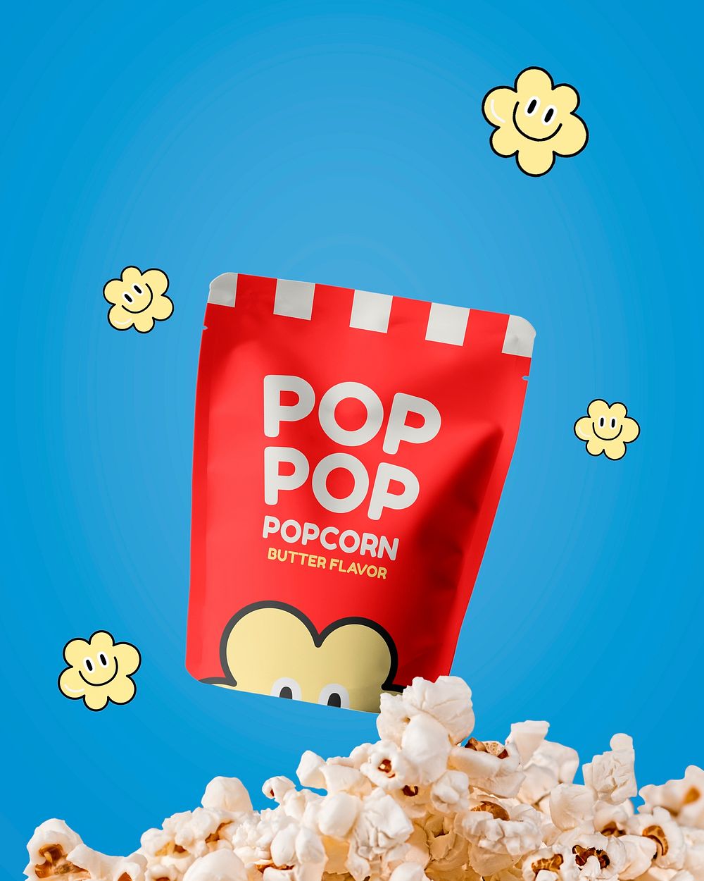 Popcorn sachet mockup, food packaging design psd