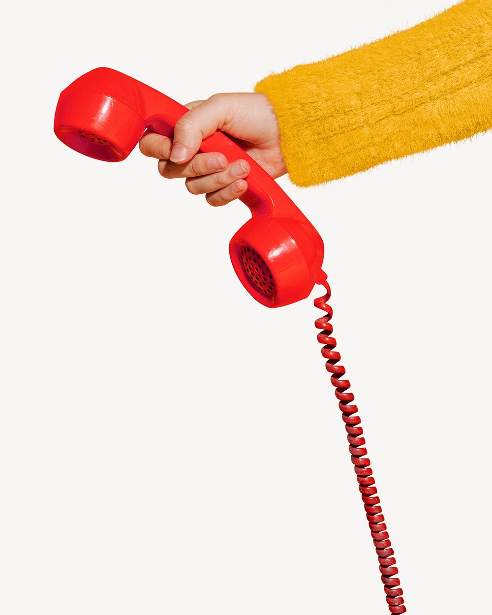 Hand holding red retro telephone psd