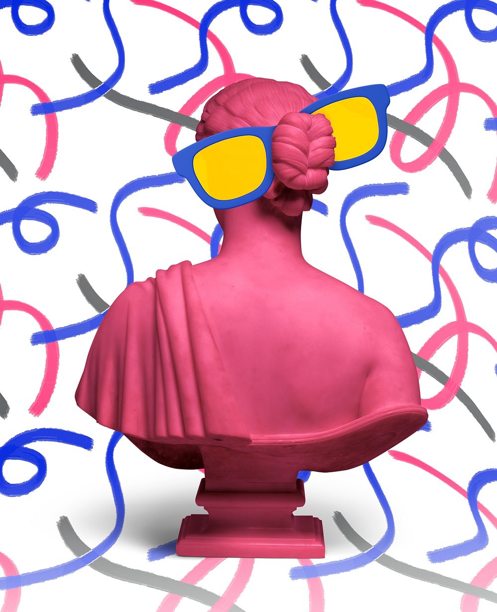 Pink Greek Goddess sculpture, abstract doodle pattern background psd