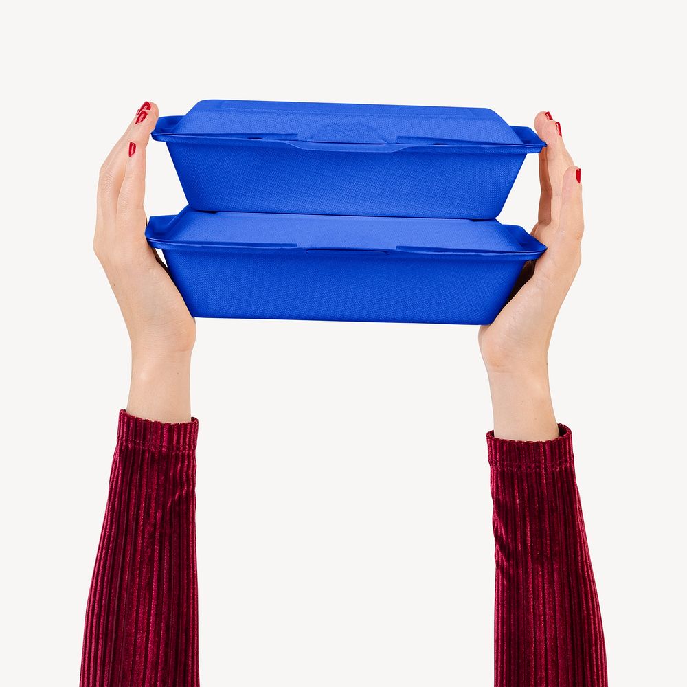 Hands holding food containers, take-away packaging  psd