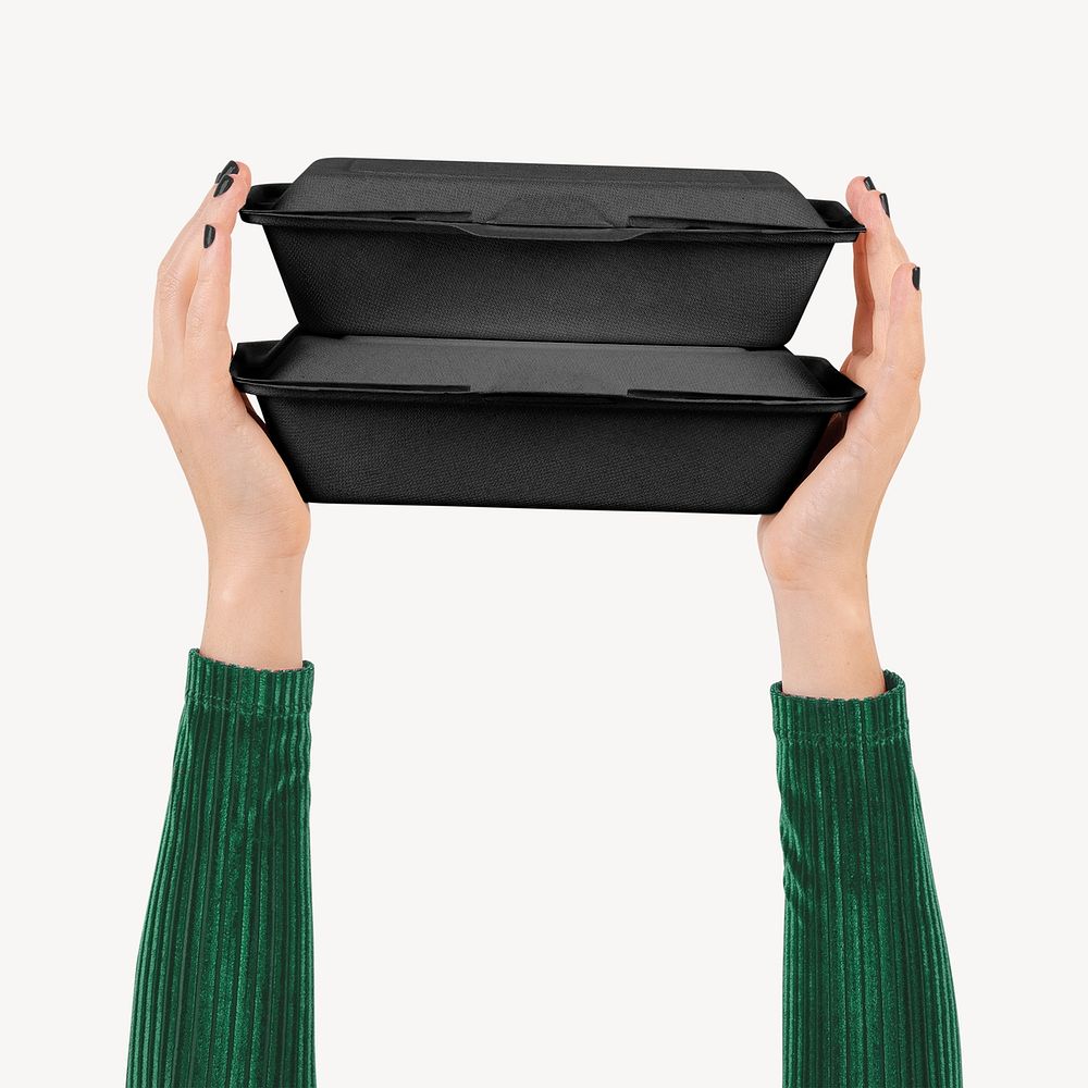 Hands holding food containers, take-away packaging  psd