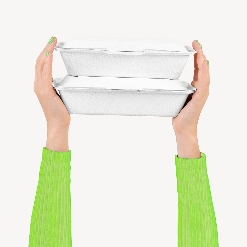 Hands holding food containers, take-away packaging  psd
