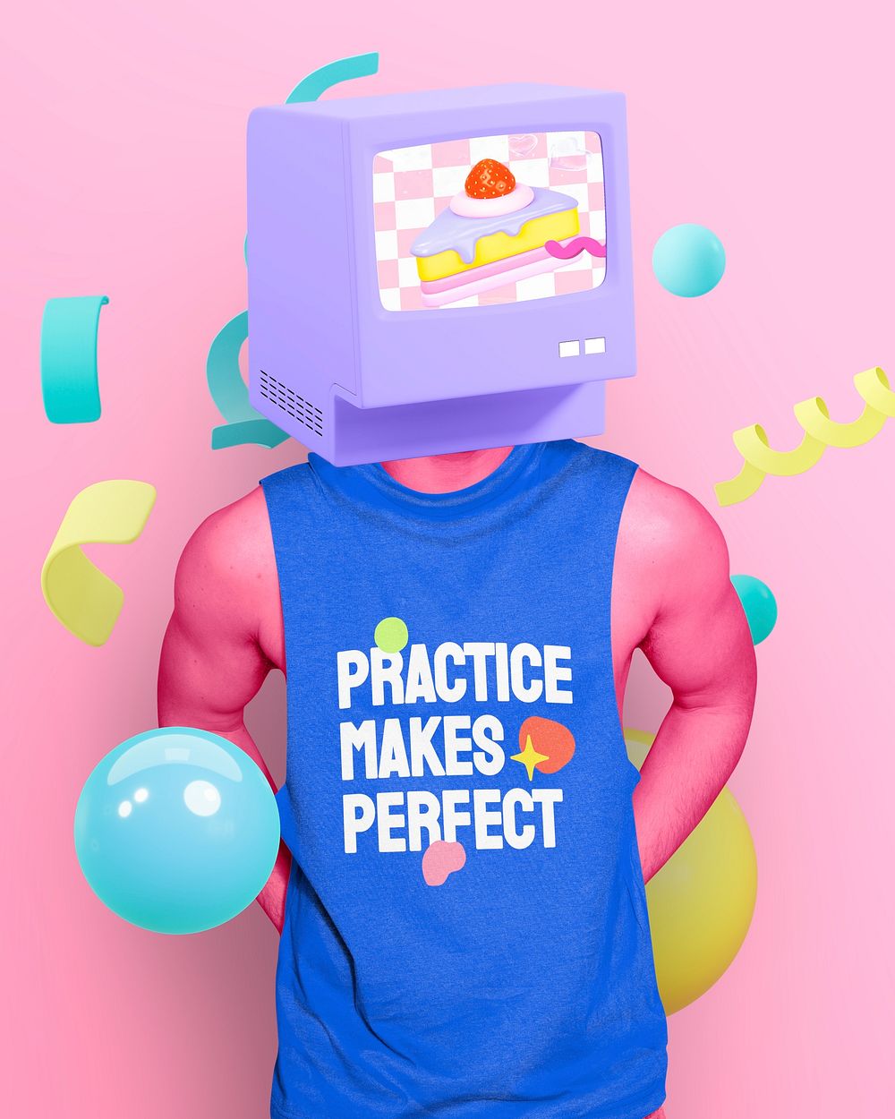 Computer-headed man in tank top, cute fashion remix photo