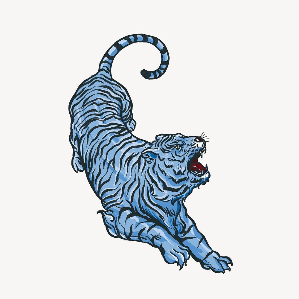 Roaring tiger, blue vintage animal illustration psd