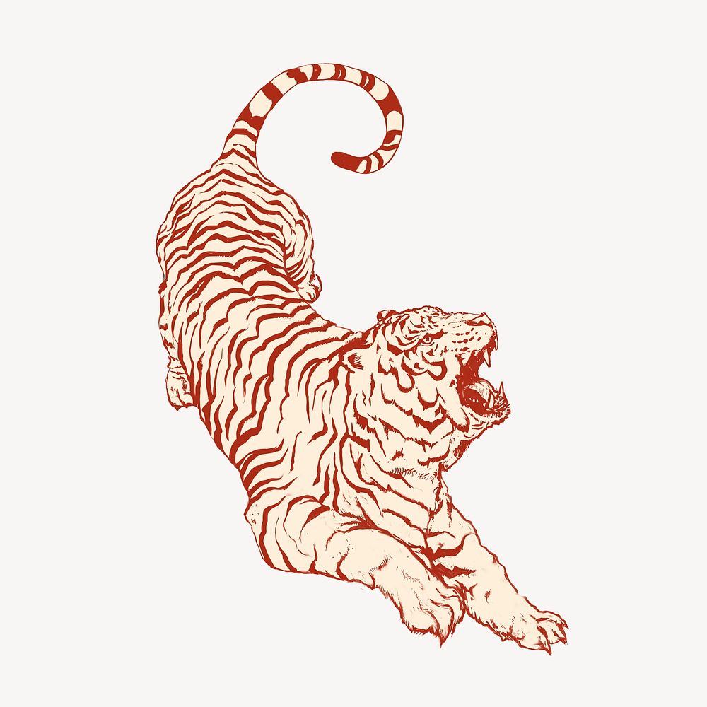 Roaring tiger, vintage animal illustration psd
