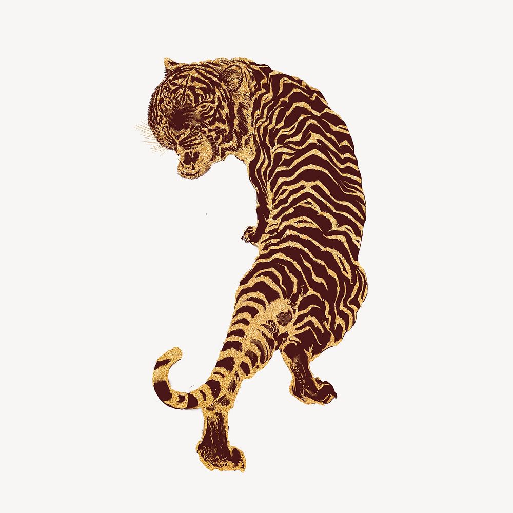 Roaring tiger, gold vintage animal illustration psd