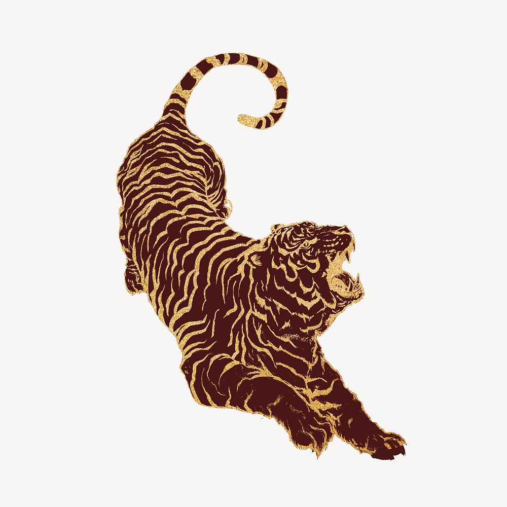 Roaring tiger, gold vintage animal illustration psd