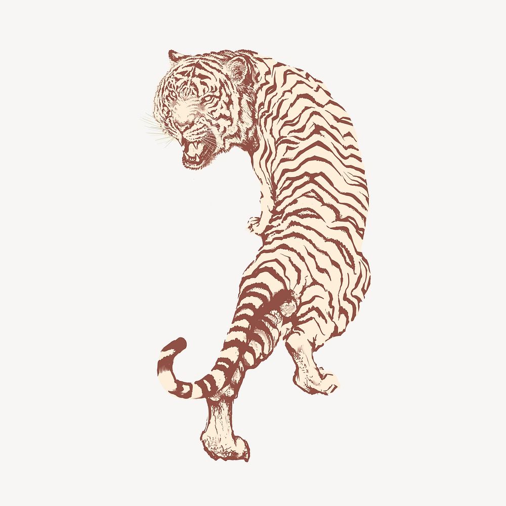 Roaring tiger, vintage animal illustration psd
