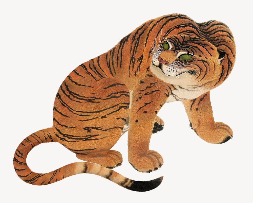Matsui Keichū's tiger, Japanese animal illustration psd. Original public domain image. Digitally enhanced by rawpixel.