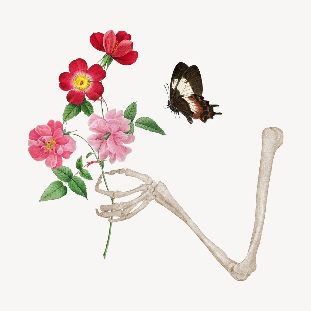 Skeleton arm, holding flowers collage element psd