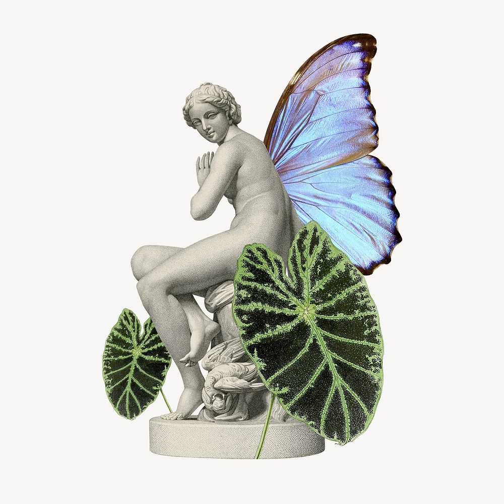 Greek goddess statue, botanical remix collage element psd