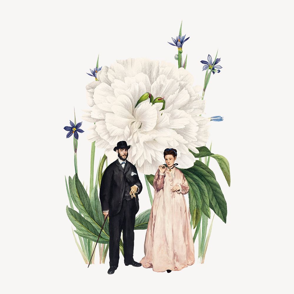 Vintage couple illustration, botanical remix collage element psd