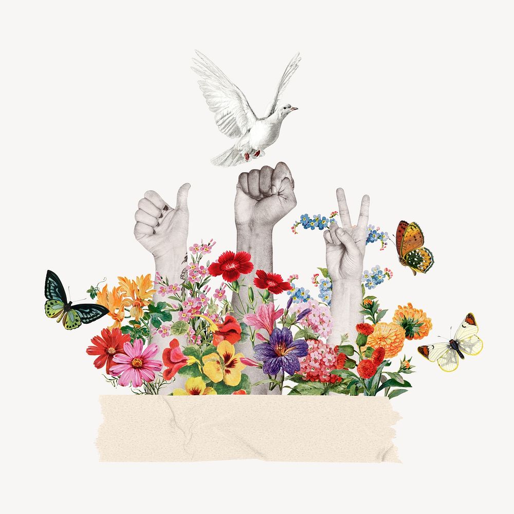 Peaceful protest, vintage botanical remix collage element