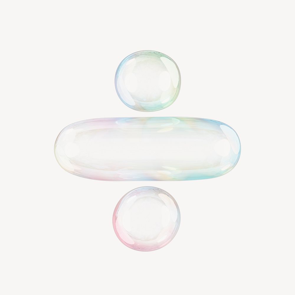 Division sign symbol, 3D transparent holographic bubble