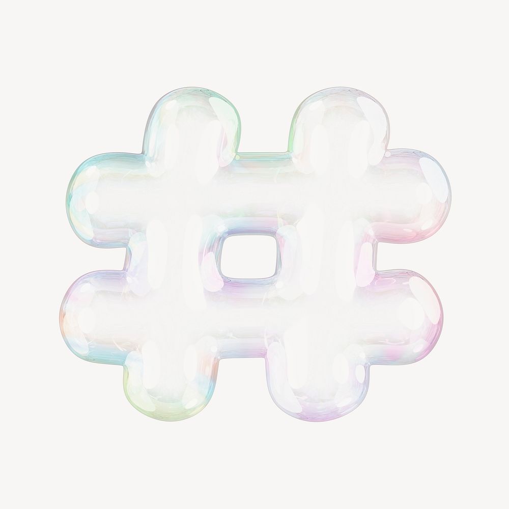 Hashtag symbol, 3D transparent holographic bubble