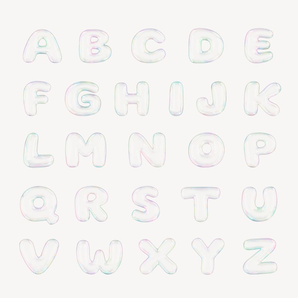 A-Z capital letters, 3D transparent holographic bubble set
