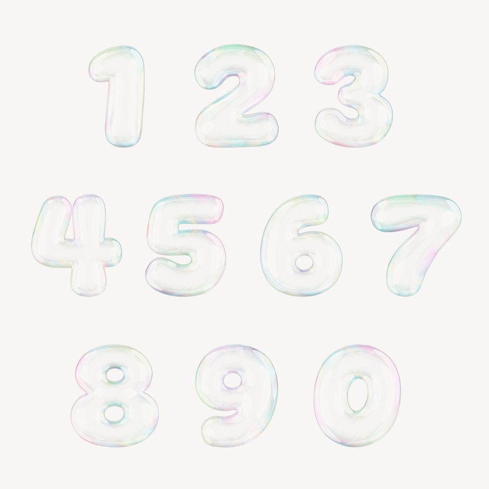 3D 0-9 numbers transparent holographic bubble set