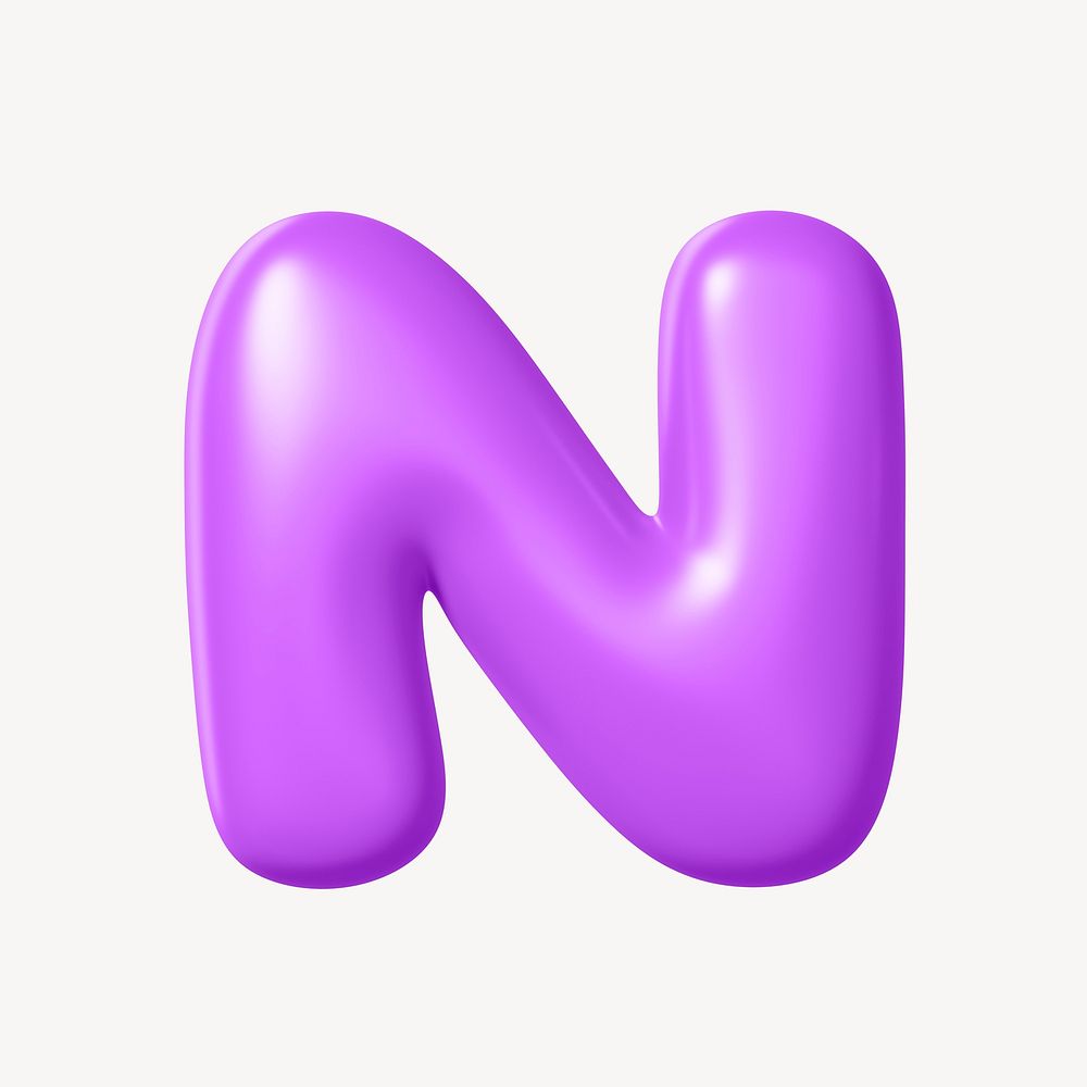 3D N letter, purple balloon English alphabet