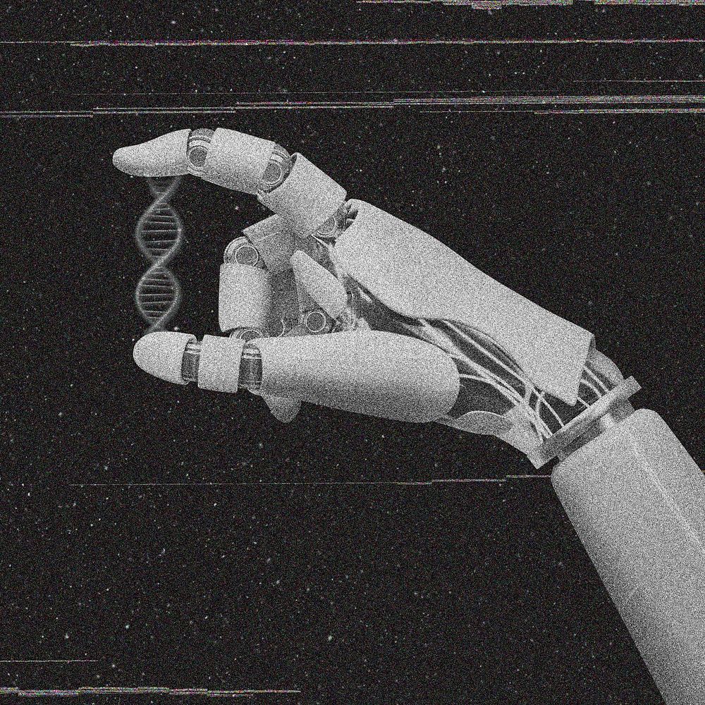 Robot hand, biotechnology in black and white