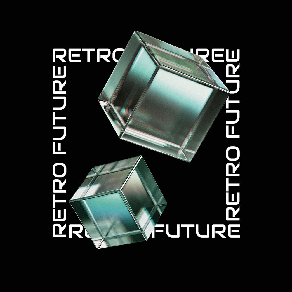 Crystal cube collage element, retro future design psd
