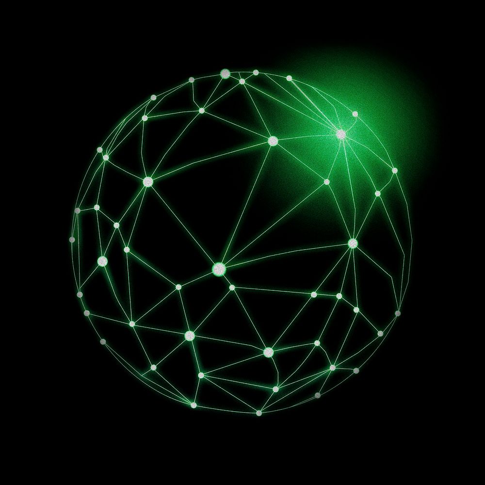 Green neon wireframe globe, technology design 