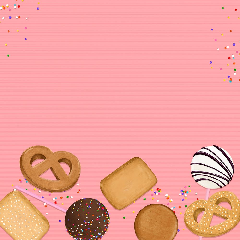 Pink sprinkles background, biscuits border illustration