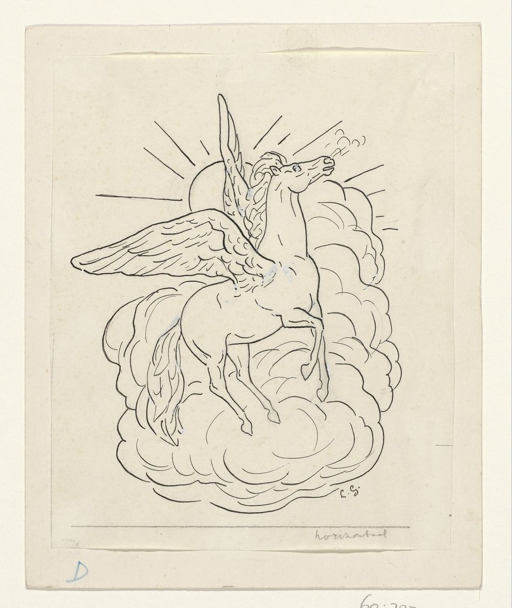 Pegasus flying in front of clouds (1891&ndash;1941) drawing in high resolution by Leo Gestel. Original from The Rijksmuseum.