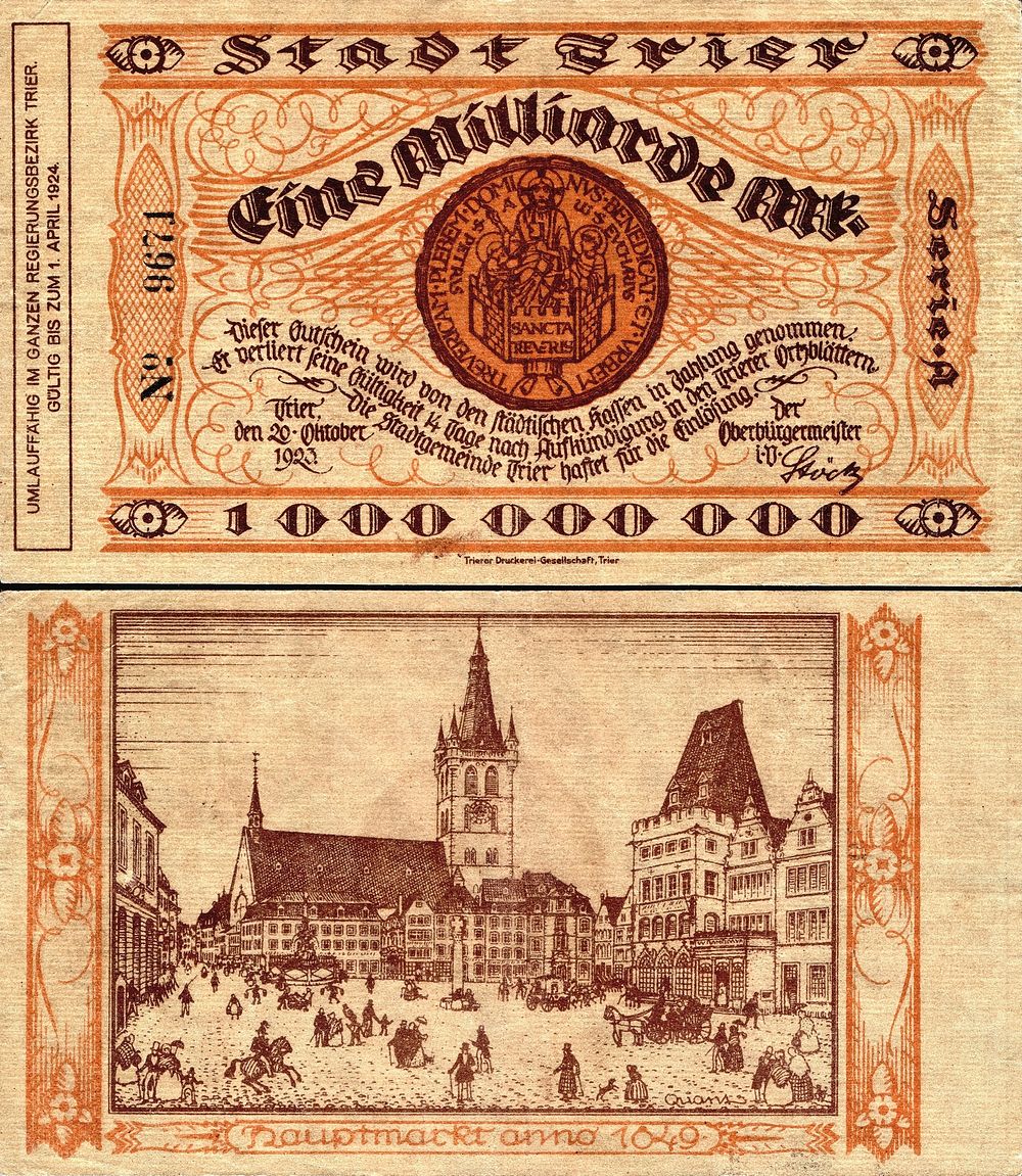 Notgeld banknote: 1 000 000 000 Mark (1923), Trier, design: Fritz Quant (signed: "Quant"),RV: "Hauptmarkt" Trier (1849)…