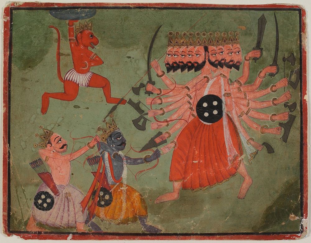 Rama, Hanuman, and Lakshmana Fighting Ravana (ca. 1720) painting in high resolution. Original from the Minneapolis Institute…