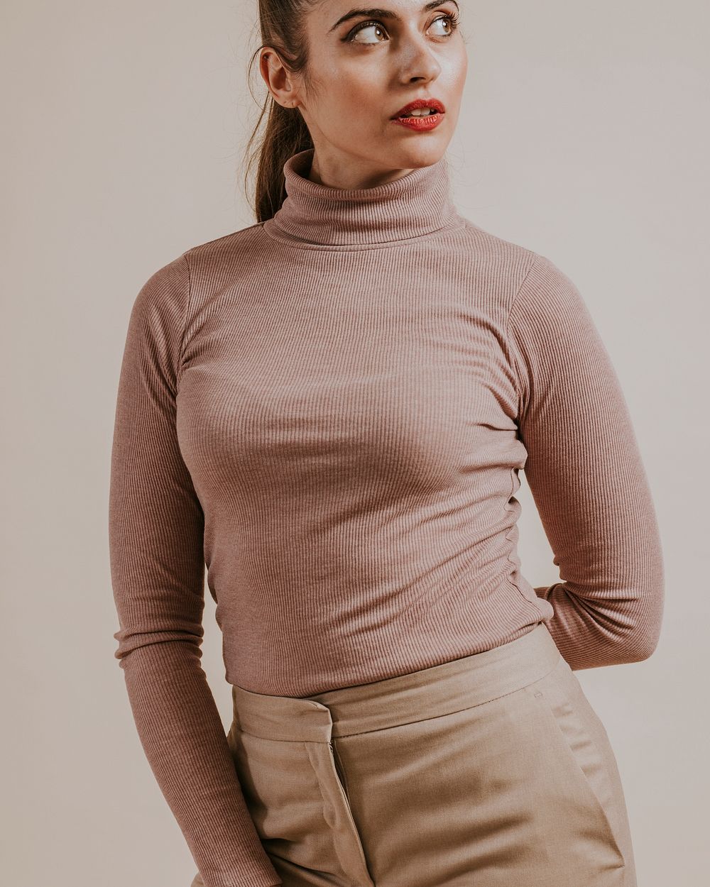 Woman wearing beige turtleneck, Winter fashion