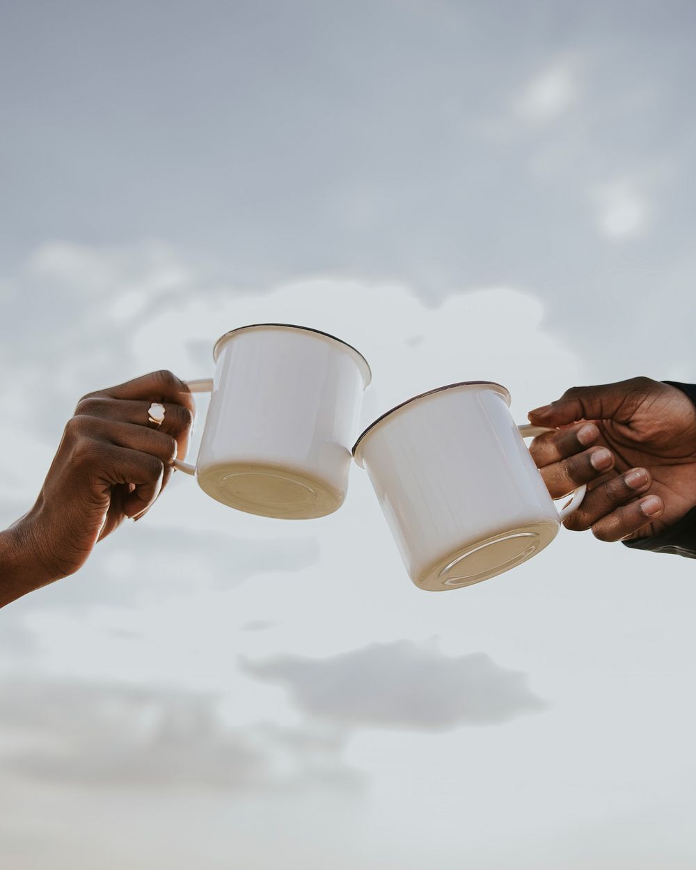 Couple campers cheering mugs aesthetic