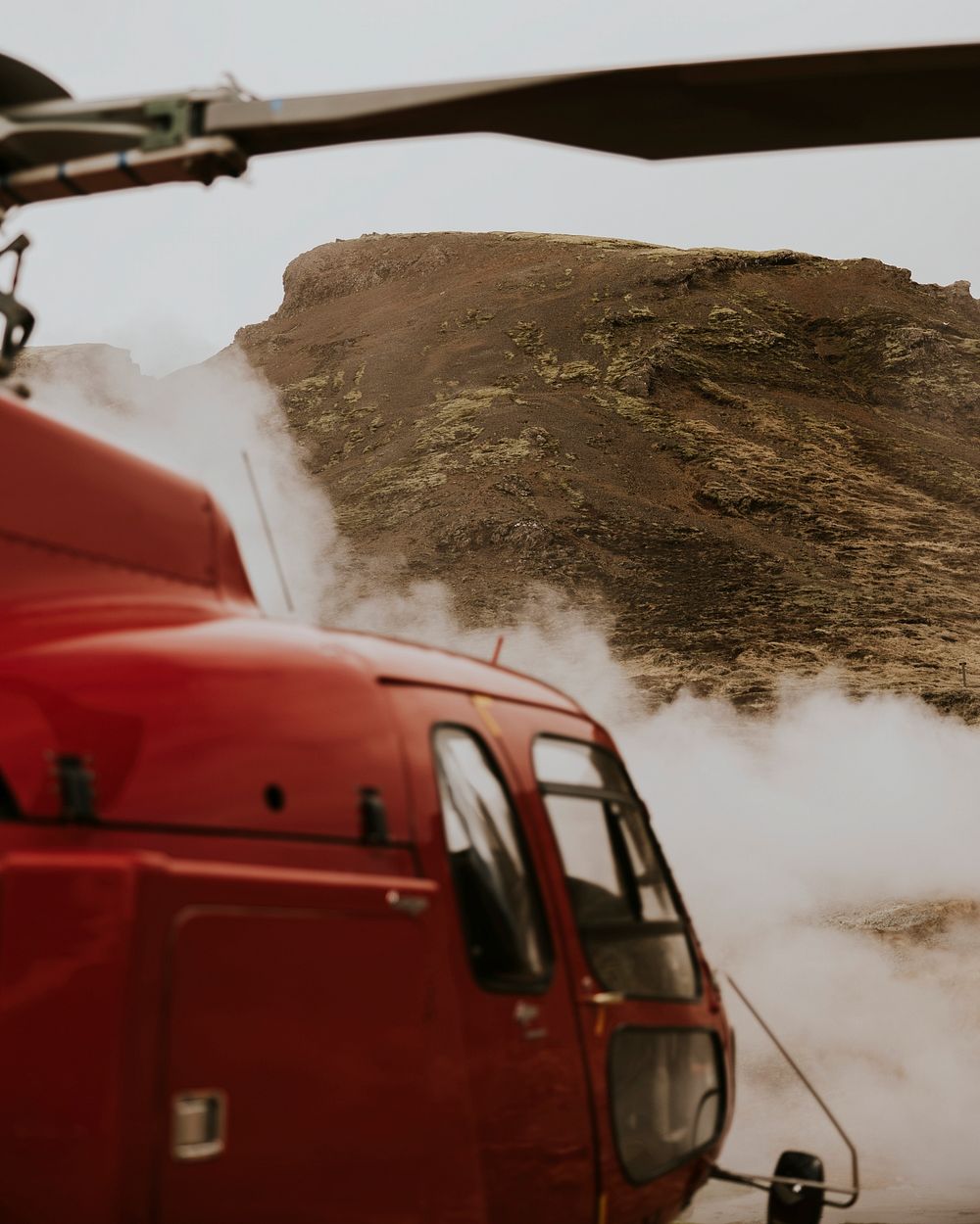 Air medical helicopter background, landed on mountain