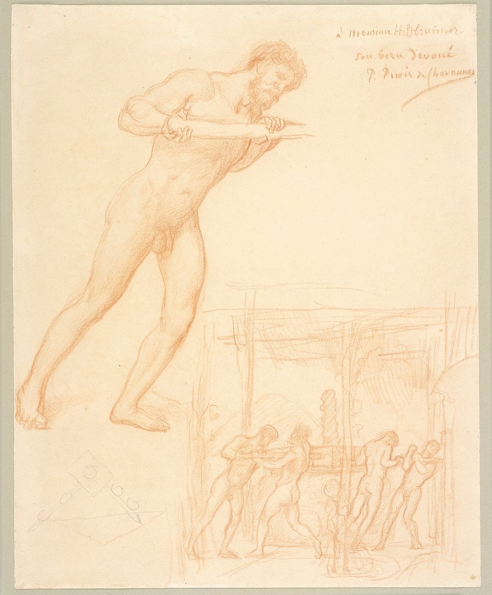 Studies of Men Turning a Cider Press (1863&ndash;1864) drawing in high resolution by Pierre Puvis de Chavannes. Original…