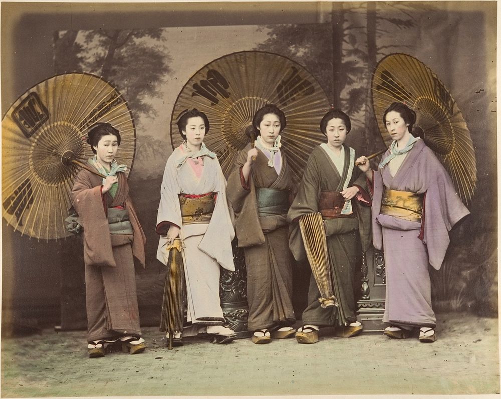 Five Japanese Women in Traditional Dress with Parasols  by Unknown