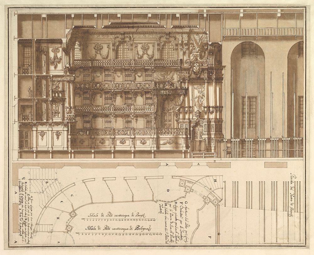 Designs for the Theater at Nancy: Longitudinal Section and Half Ground Plan, assistant of Francesco Galli Bibiena
