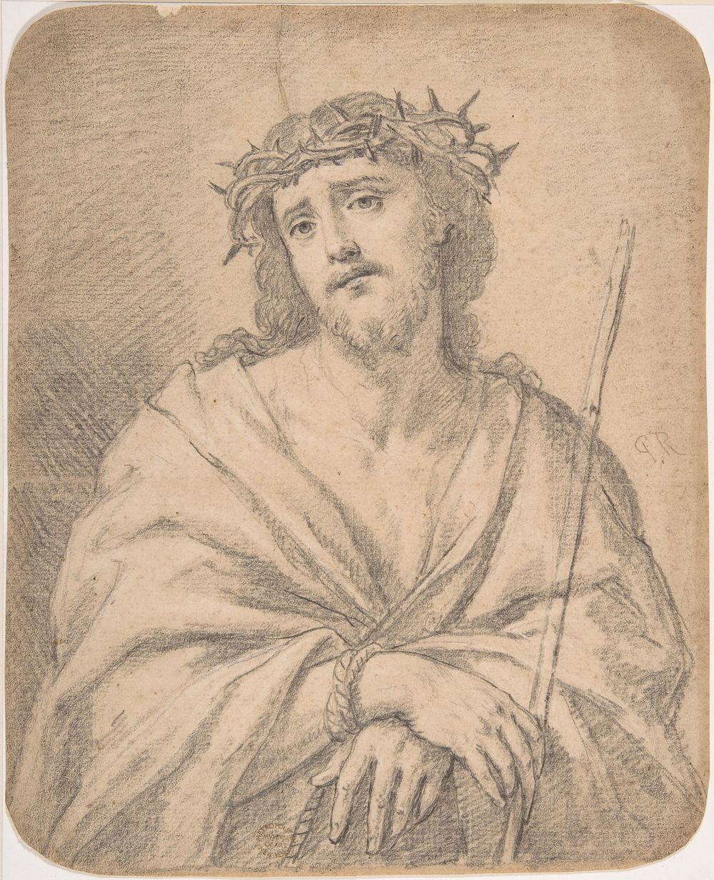 Man of Sorrows, after Guido Reni (recto); Studies of arm and hands (verso), Anonymous, Italian, Roman-Bolognese, 17th century