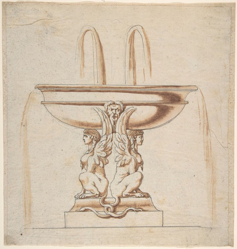 Design for a Fountain: Bowl Supported by Two Sphynxes, Anonymous, Italian, Bolognese 18th century artist