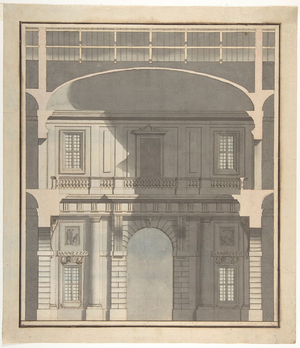Design for a Stage Set: Design in Section of a Two-Storied Entrance Hall (Recto). Elevation Design for a Monumental Entrance…