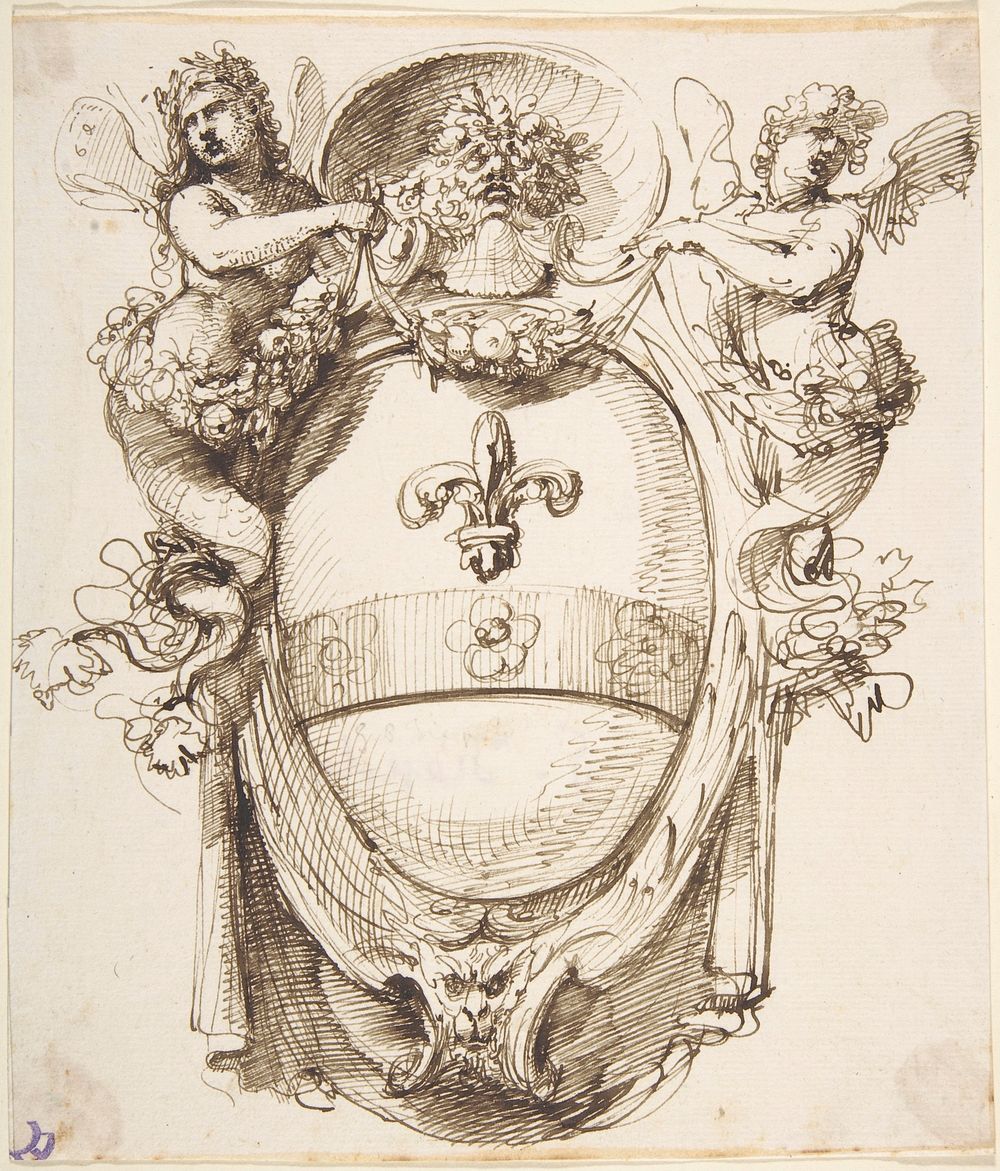Design for a Cartouche flanked by winged Sirens with a Coat of Arms containing a Fleur-de-Lis
