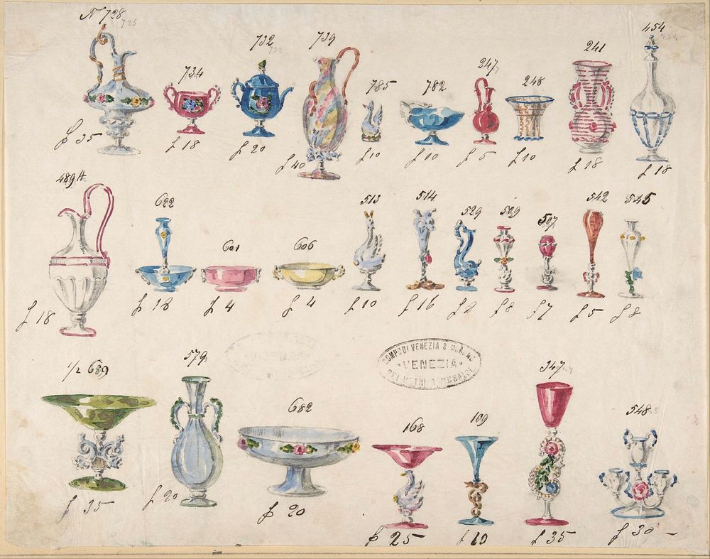 One of Twenty-Three Sheets of Drawings of Glassware (Mirrors, Chandeliers, Goblets, etc.)