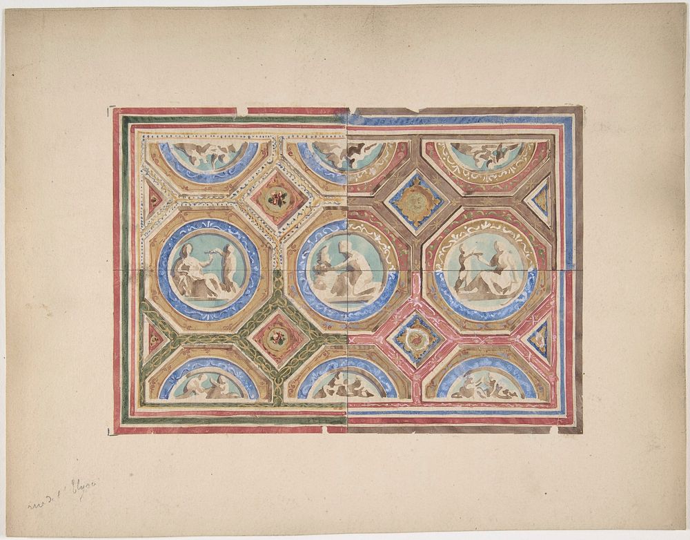 Design for Coffered Ceiling in Four Alternate Color Schemes, Empress Eugenie's Hotel by Jules Lachaise and Eugène Pierre…