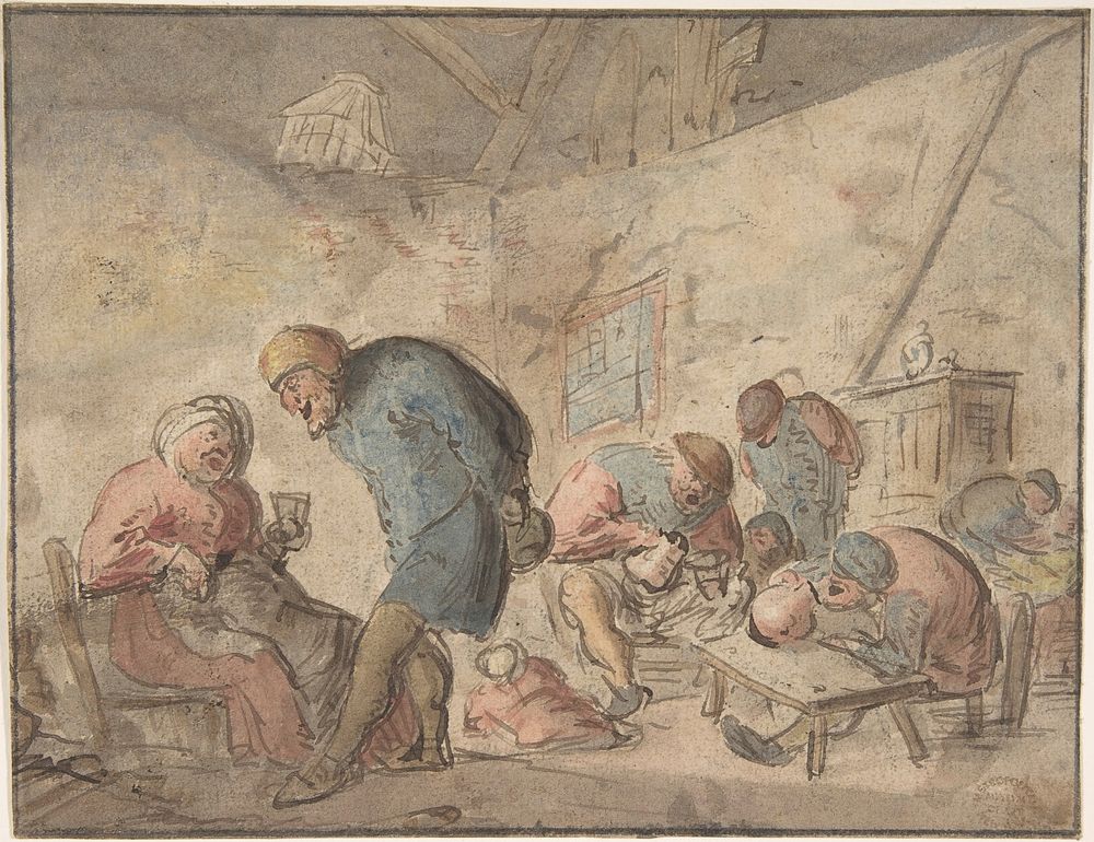 Peasants Drinking, verso: sketches of peasants by Adriaen Van Ostade