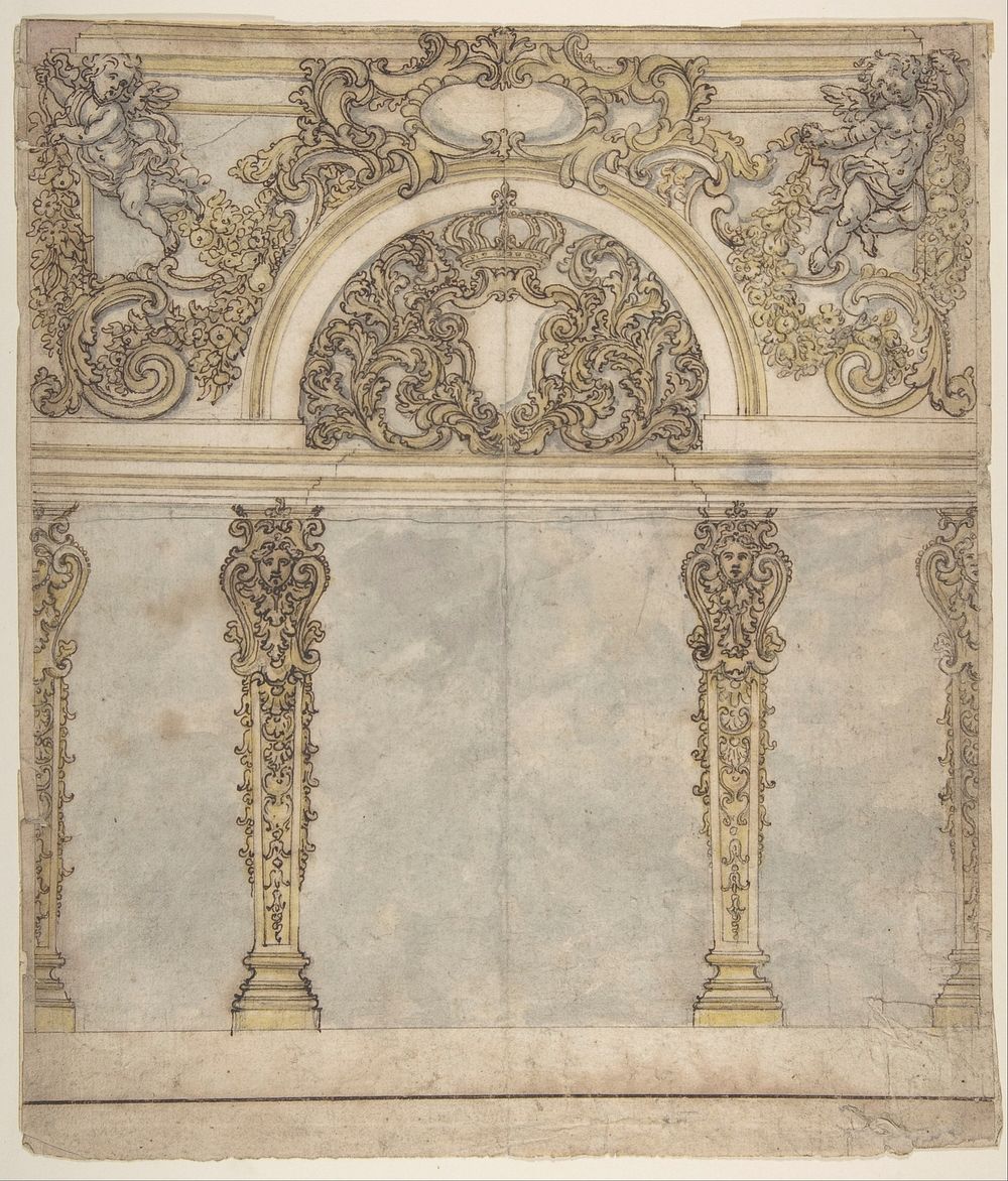 Design for an Alcove with a Coat of Arms Flanked by Putti Bearing a Crown, Supported by Pilasters with Human Heads in…