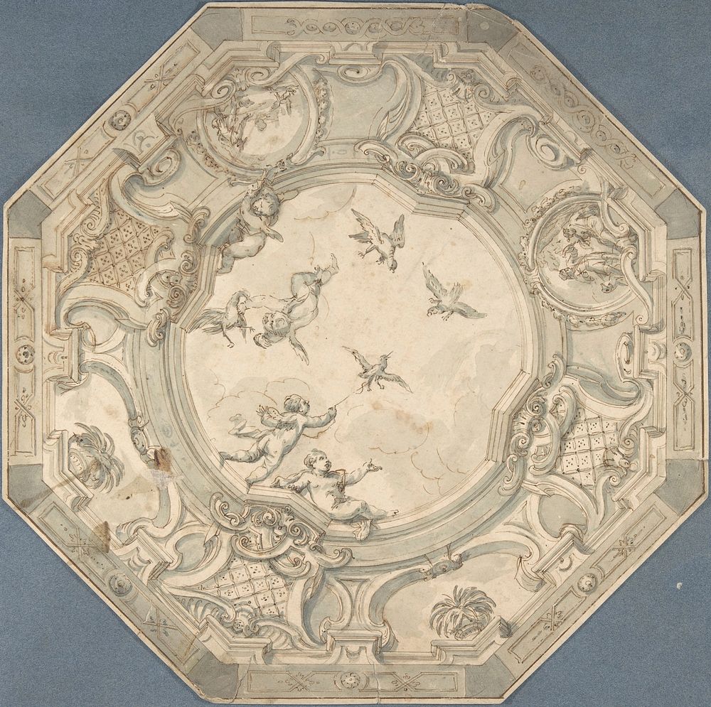 Octagonal Ceiling Design with Putti and Birds