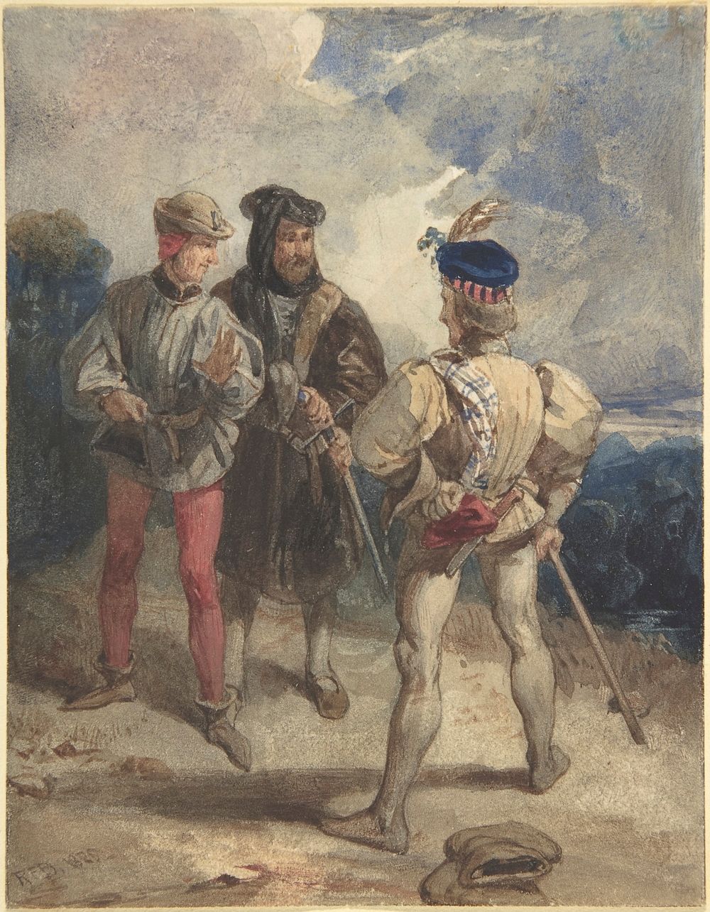Quentin Durward and the Disguised Louis XI (recto); Study of male figure (verso) 