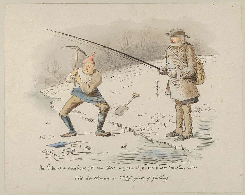 The Pike is a voracious fish and bites readily in the Winter months–Old Gentleman is VERY fond of fishing by John Leech