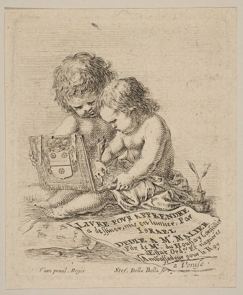 Plate 1: two children sitting on the ground, the child on the right drawing while the child on the left holding the album…