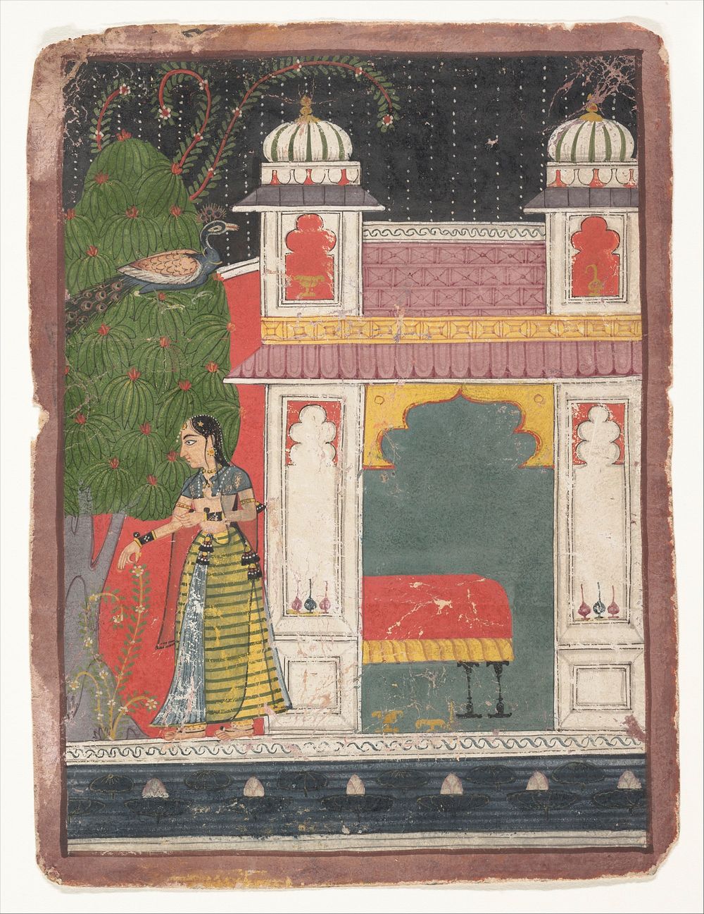 A Heroine Plucking a Flower:  Page from a Dispersed Nayikabheda, India (Madhya Pradesh, Malwa)