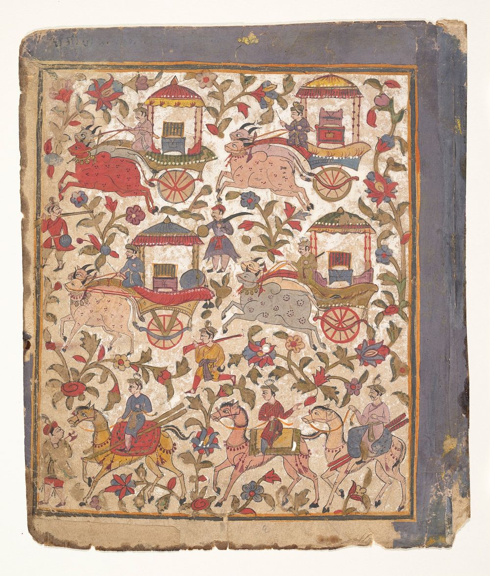 Procession of Carriages Carrying Booty: Page from a Dispersed Bhagavata Purana Manuscript, India (Gujarat)